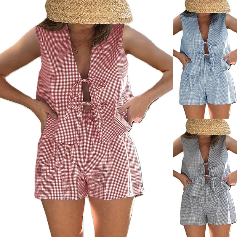 Lace-up Vest Elastic Waist Shorts Suit