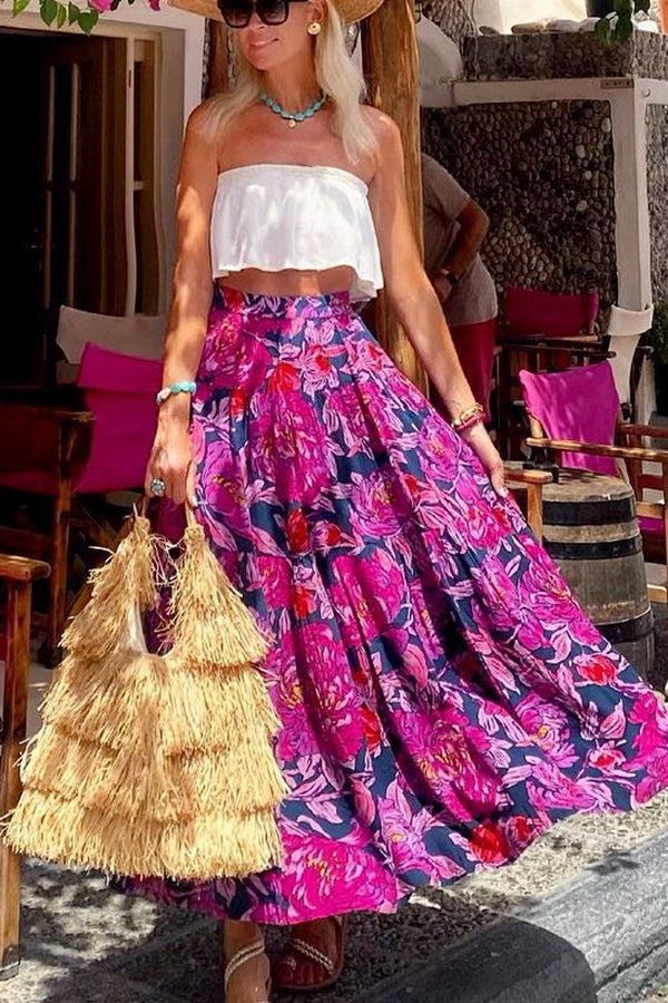 Amsoin Printed High Rise  Back Elastic Waist Maxi Skirt