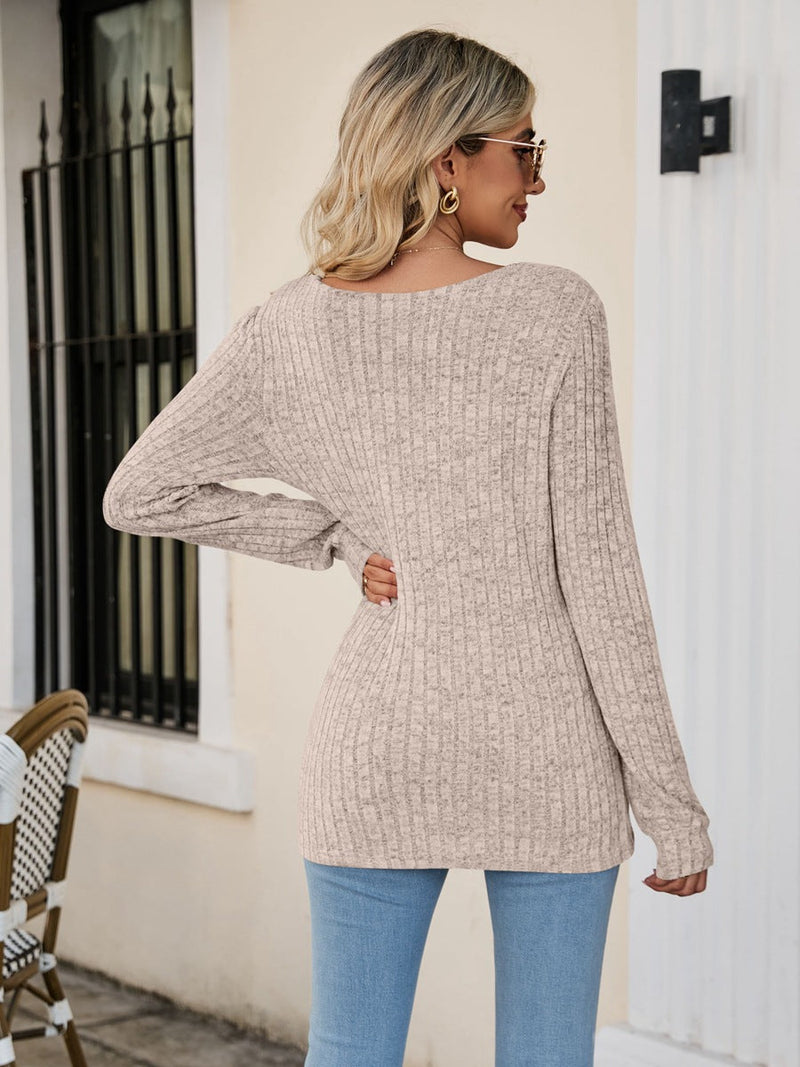 Square Neck Ribbed Long Sleeve Sweater