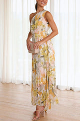 Amsoin Floral One Shoulder Elastic Waist Pleated Maxi Dress