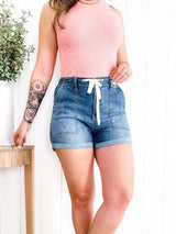 High-waist Elastic Waist Tie Denim Shorts