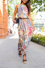 Amsoin Halter Waisted Side Split Printed Holiday Dress