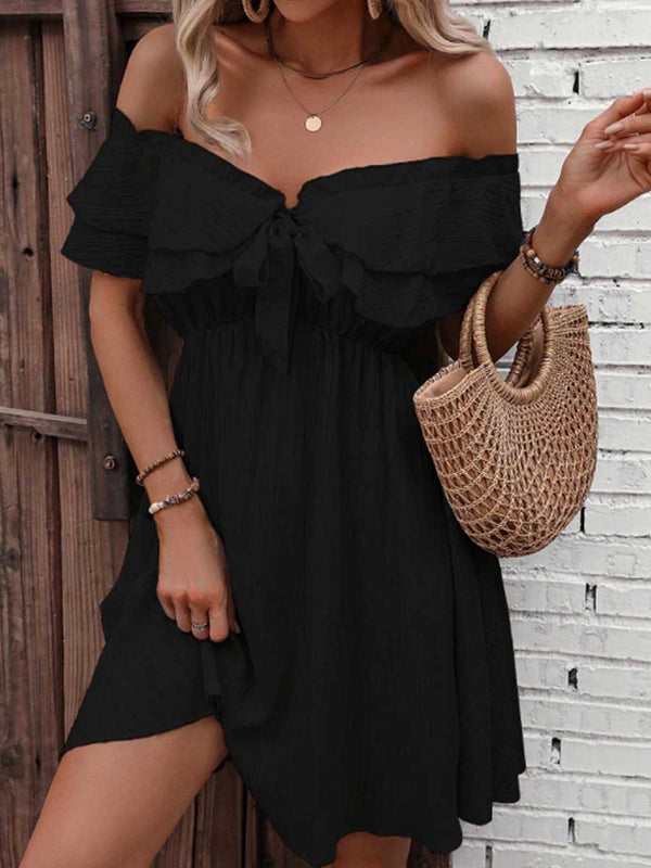 Solid Color Off-the-shoulder Knot Front Ruffled Dress