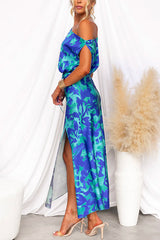 Amsoin One Shoulder Tie Waist Slit Floral Print Maxi Dress