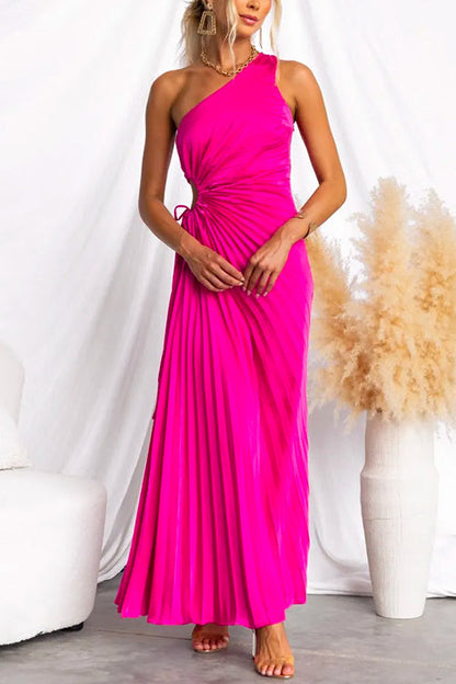 Amsoin One Shoulder Drawstring Cut Out Pleated Swing Maxi Dress