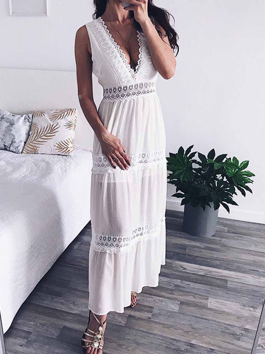Amsoin Lace Swing Sleeveless Chiffon Dress