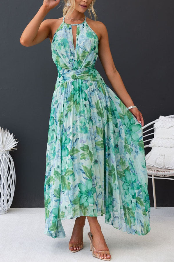 Amsoin Floral Cutout Neck Pleated Midi Dress
