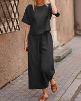 Short Sleeve Tops And Long Wide Leg Pants Casual Loose Fit Two Piece Loungewear Sets