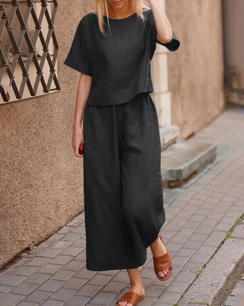 Short Sleeve Tops And Long Wide Leg Pants Casual Loose Fit Two Piece Loungewear Sets