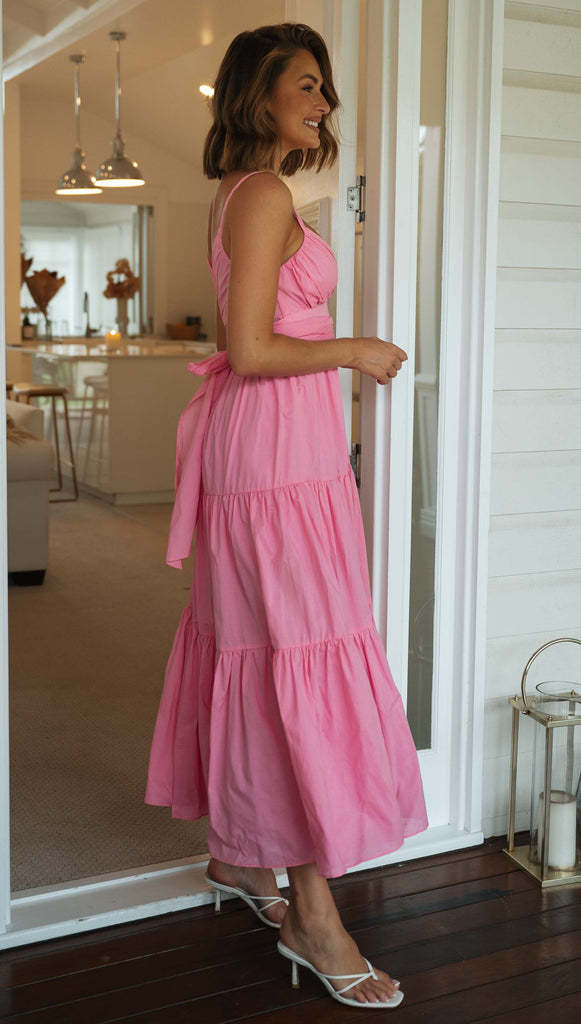 Amsoin Solid Color V-neck Suspender Stitching Large Swing Long Dress