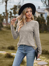 Women Round Neck Brushed Sunken Stripe Solid Color Sweater