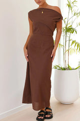 Amsoin Blend Rouched Off The Shoulder Maxi Dress