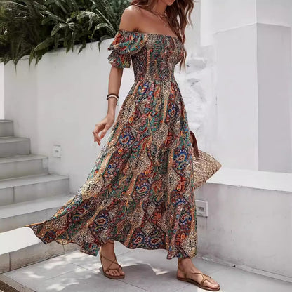 Vacation Style Off-shoulder Princess Sleeves Dress