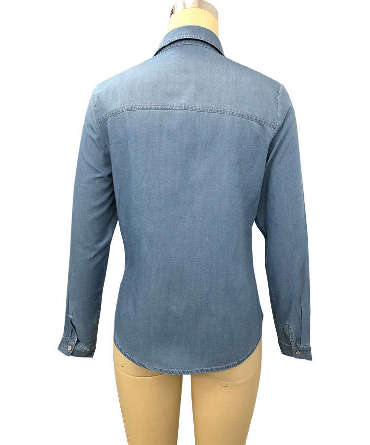 Lapel Denim Shirt Washed Retro Slim Top
