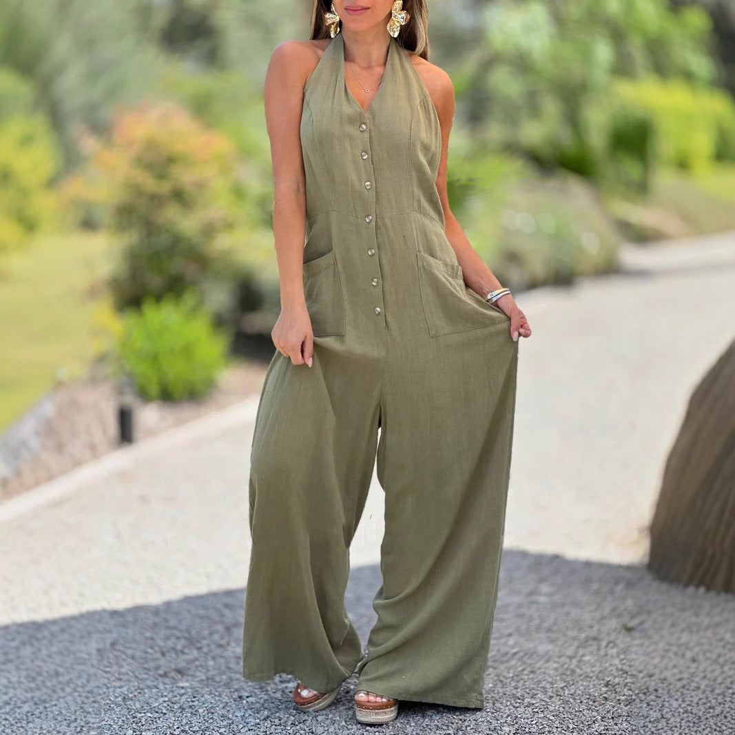 Backless Sleeveless Loose Cotton Linen Jumpsuit