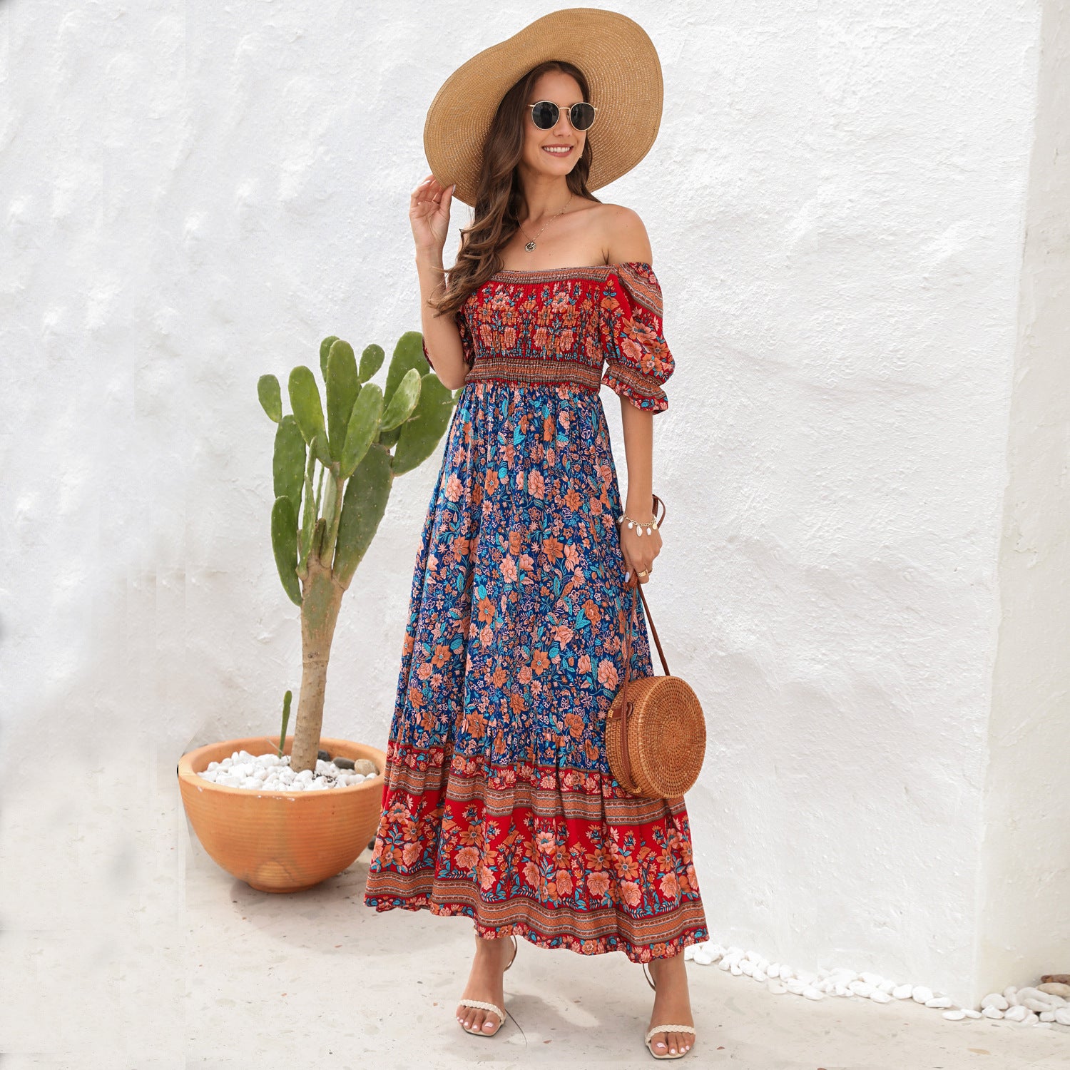 Amsoin Bohemian Beach Holiday Off-shoulder Puff Sleeve Dress