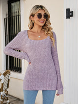 Square Neck Ribbed Long Sleeve Sweater