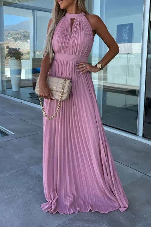 Amsoin Halter Neck Pleated Swing Dress