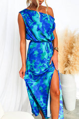 Amsoin One Shoulder Tie Waist Slit Floral Print Maxi Dress