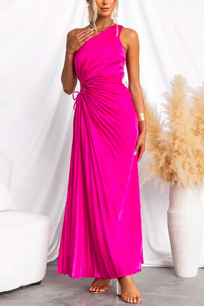 Amsoin One Shoulder Drawstring Cut Out Pleated Swing Maxi Dress