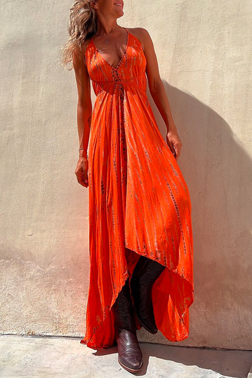 Amsoin V Neck High Low Hem Tie Dye Maxi Cami Dress
