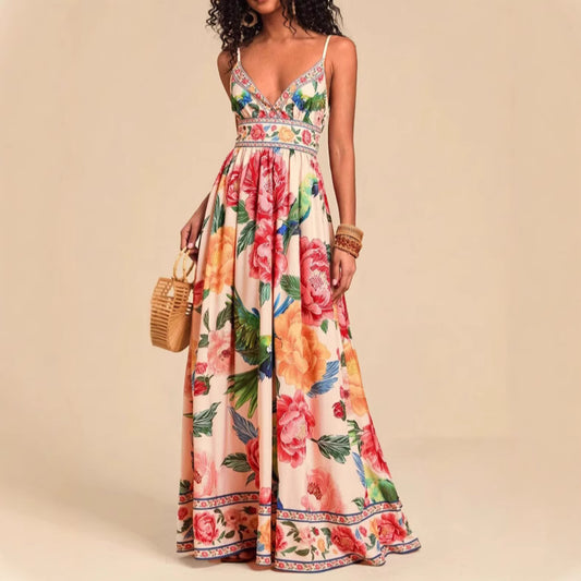 New Strap Print V-Neck Extra-Long Knitted Dress