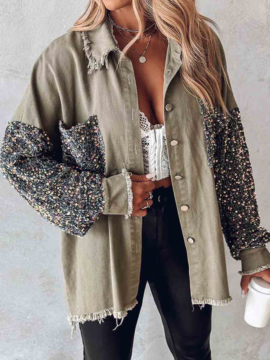 Amsoin Contrast Sequin Raw Hem Shacket