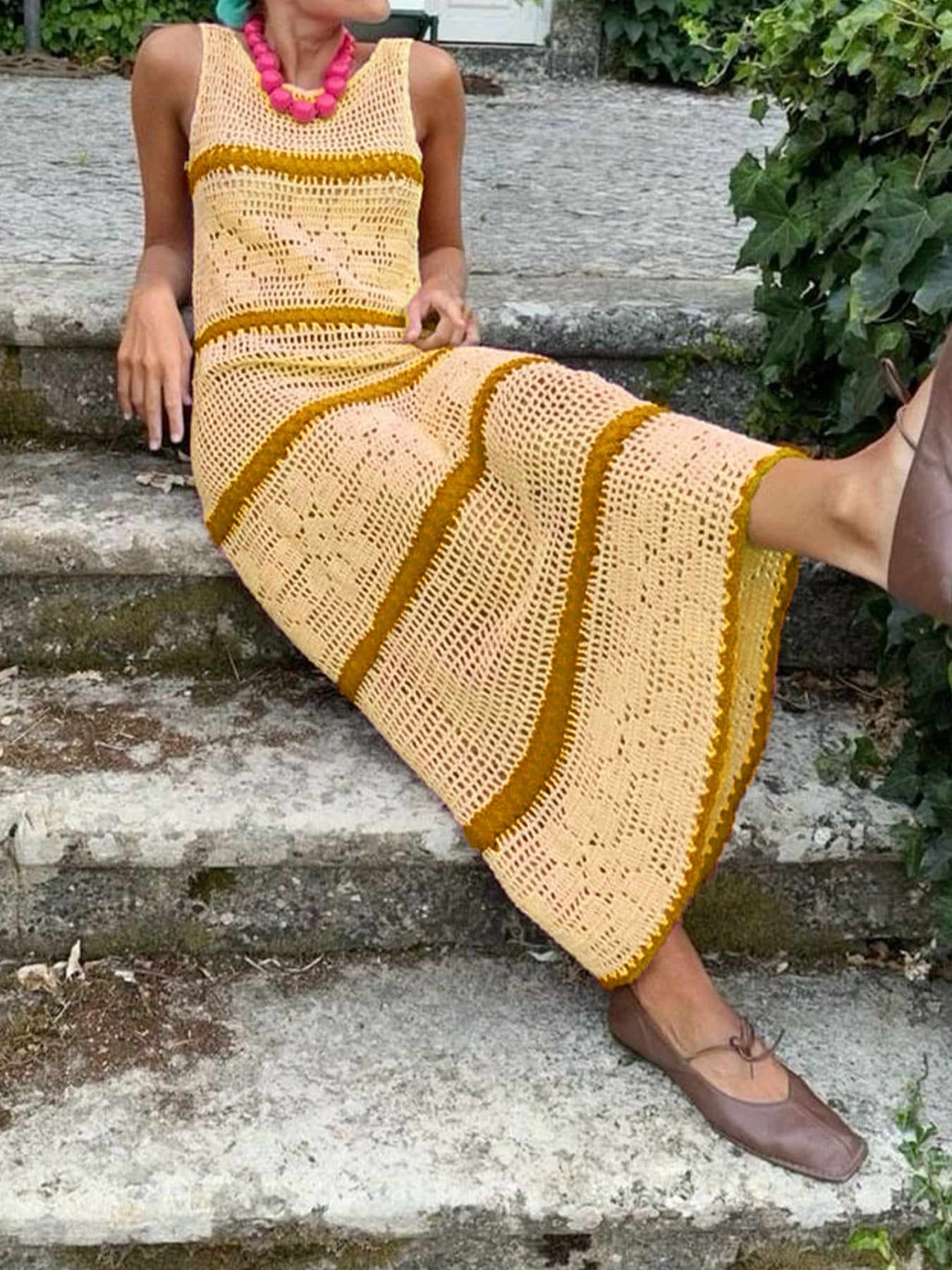 Knitted Sweater Contrast Color Vest Hollow Dress