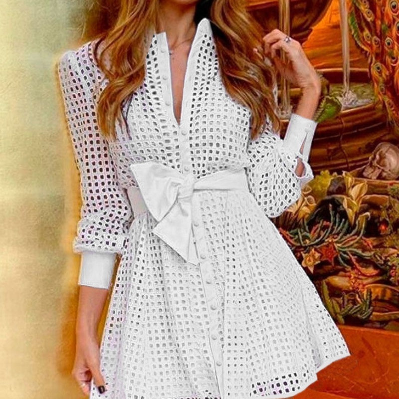 White Mesh Long Sleeve Fitted Waist Shirt Dress