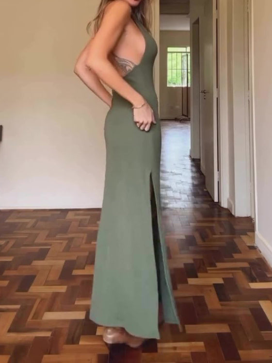 Halter Neck Open Back Slit Dress
