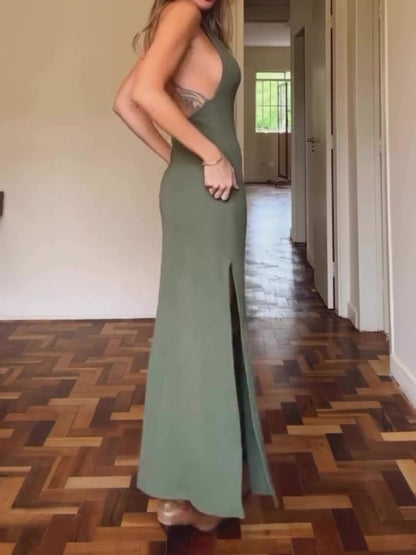 Halter Neck Open Back Slit Dress