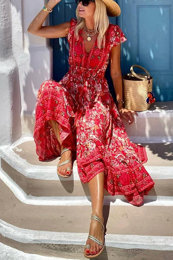 Amsoin Boho Print Ruffle Sleeve Elastic Waist High-low Midi Dress