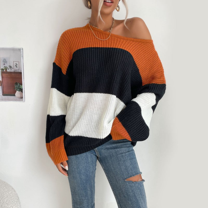 Autumn New Striped Contrast Color Knitwear Round Neck Loose Sweater