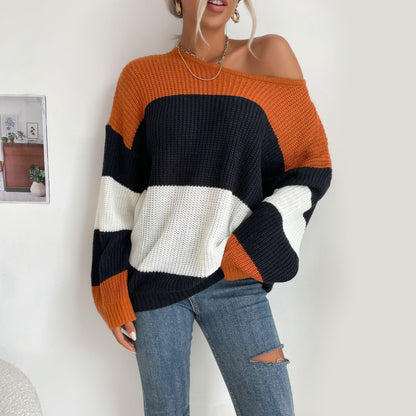 Autumn New Striped Contrast Color Knitwear Round Neck Loose Sweater