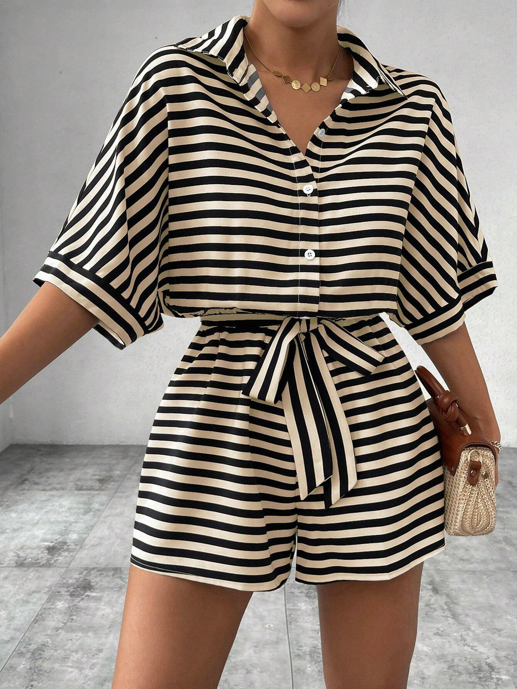 Striped Lapel Cardigan Button Half Sleeve Belt Shorts Suit Jumpsuit