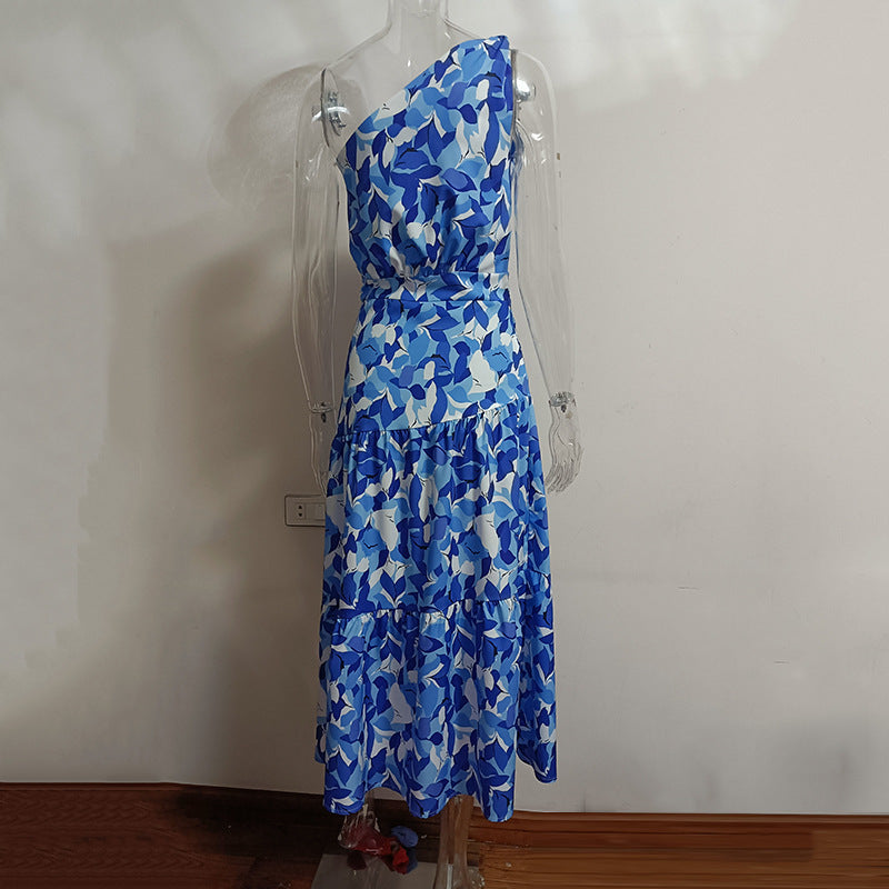 Summer Sloping Shoulder Backless Print Holiday Dress