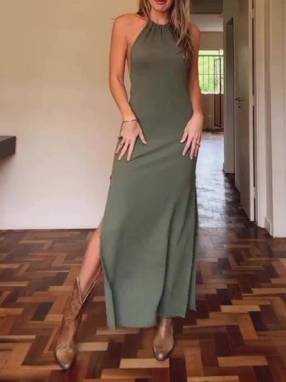 Halter Neck Open Back Slit Dress