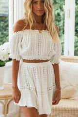 Lace Off the Shoulder Short Sleeve Suit - 2 Colors