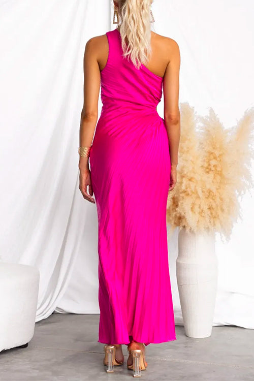 Amsoin One Shoulder Drawstring Cut Out Pleated Swing Maxi Dress