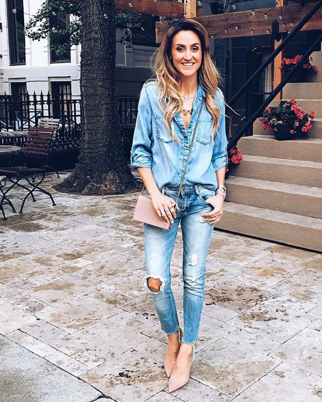 Lapel Denim Shirt Washed Retro Slim Top