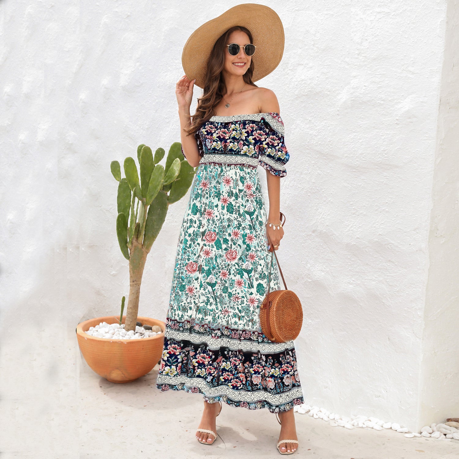 Amsoin Bohemian Beach Holiday Off-shoulder Puff Sleeve Dress