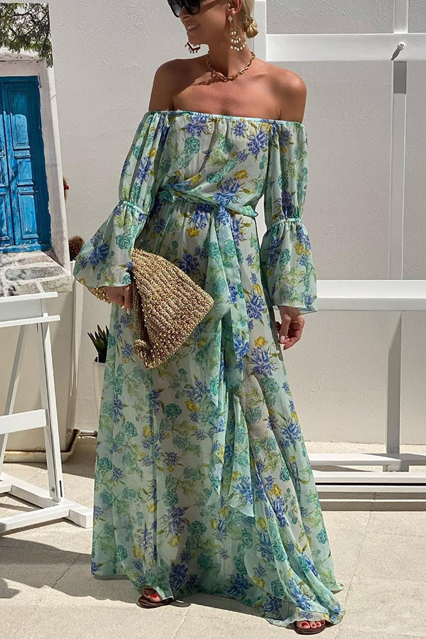 Amsoin Off Shoulder Floral Print Elastic Waist Ruffle Maxi Dress