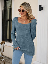 Square Neck Ribbed Long Sleeve Sweater