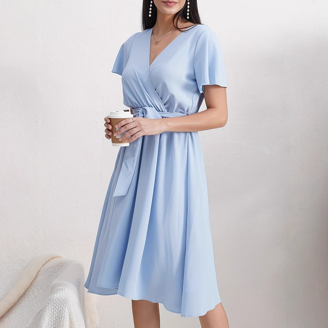 Short Sleeve Cross Collar Belt Solid Color Dress