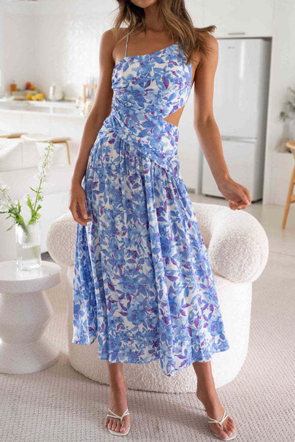 Amsoin Floral Print Slit Lace Up Midi Dress