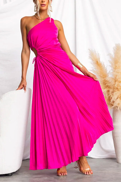 Amsoin One Shoulder Drawstring Cut Out Pleated Swing Maxi Dress
