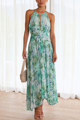 Amsoin Floral Cutout Neck Pleated Midi Dress