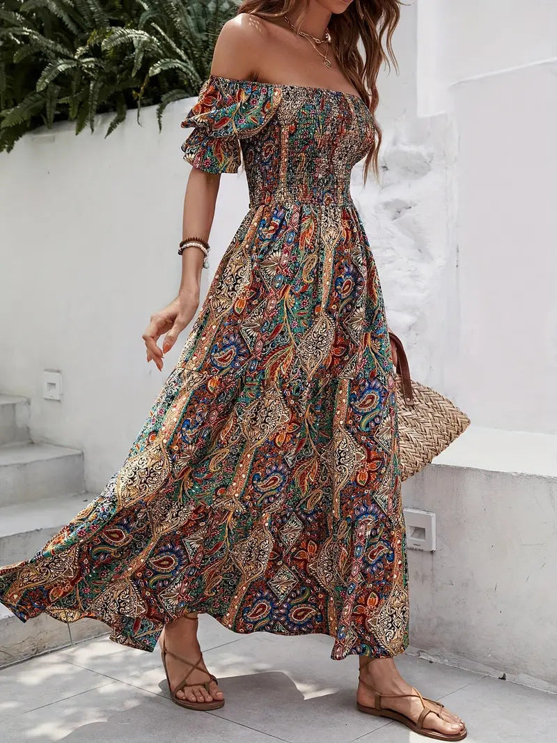 Vacation Style Off-shoulder Princess Sleeves Dress