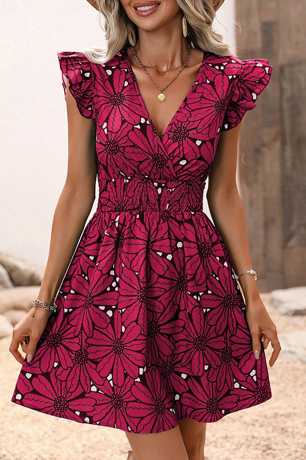 Amsoin Floral Print Ruffle Sleeve Elastic Waist Mini Dress