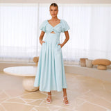 Women's Solid Color And V-neck Long Puff Sleeve Long Slimming Dress